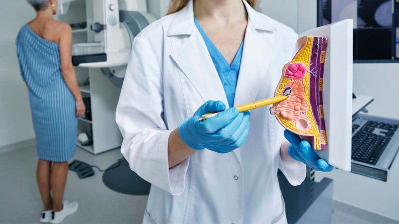 Doctor showing a patient a diagram of the female reproductive system