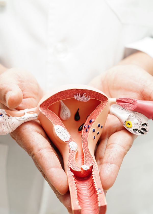 Hands holding an anatomical model of the uterus