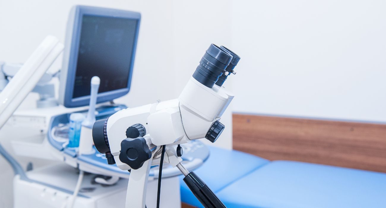 Colposcope in a gynaecological examination room
