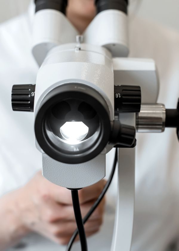 Close-up of a colposcope lens